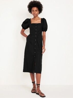 NWT Old Navy Linen-Blend Button-Front Midi Dress // Black #705471